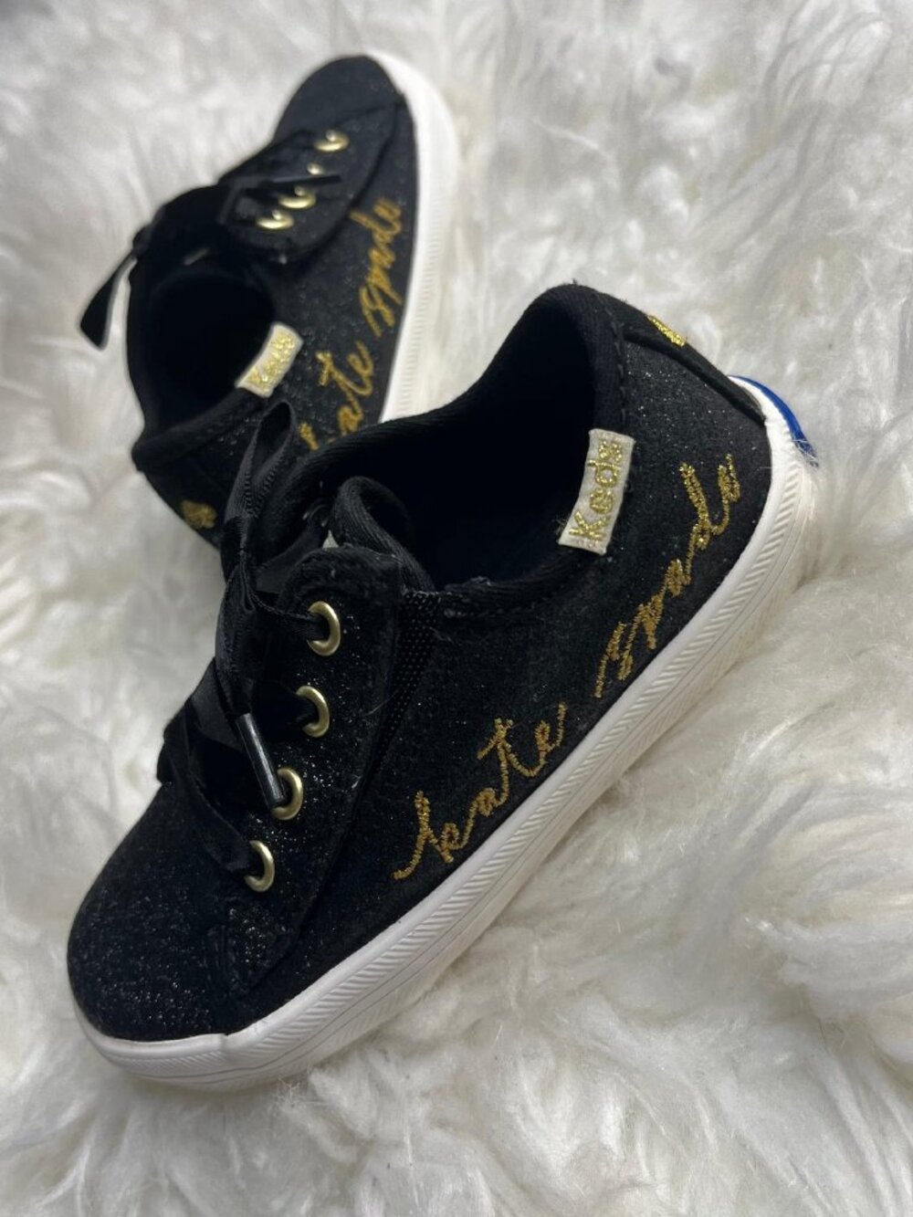 Keds x Kate Spade Black Glitter Kickstart Sneakers Gold Logo Kids Size 7
